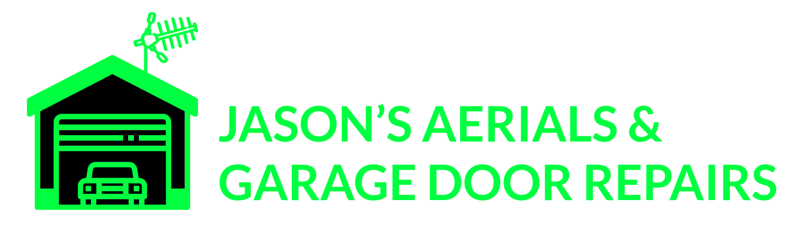 Jason aerials & garage doors logo beside text black